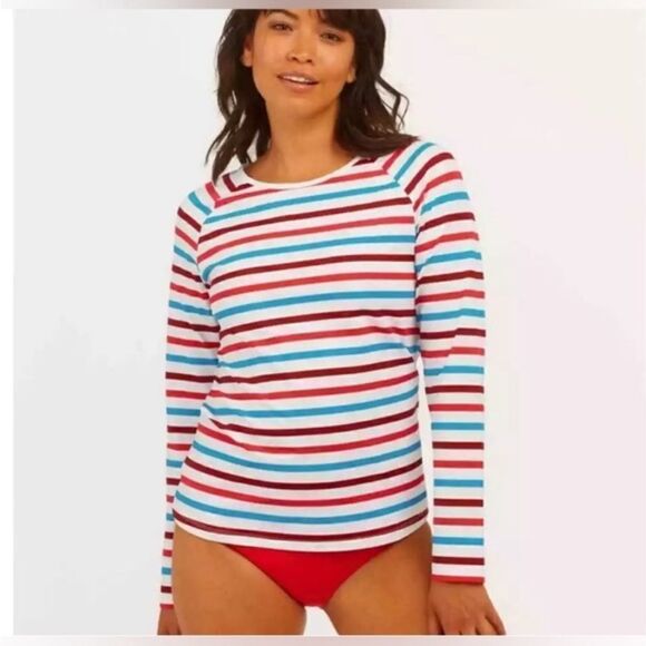 SPANX SWIM SHIRT - OCEAN STRIPE HIBISCUS NWT - Picture 1 of 9